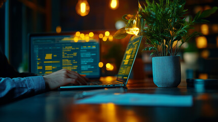 Financial analyst reviewing complex data on a laptop in a cozy evening workspace