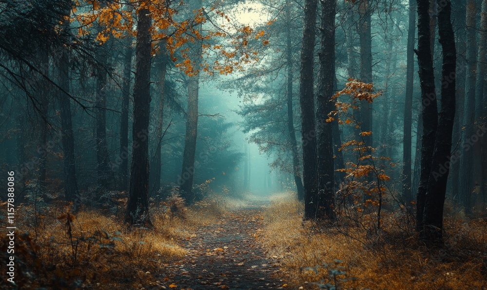 Poster a forest path with trees and leaves on the ground