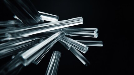 Dynamic glass rods in motion abstract studio photography dark environment close-up view art conceptualization