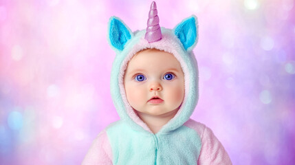 Fototapeta premium Adorable baby wearing unicorn costume on colorful background
