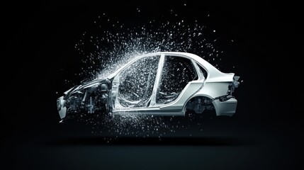 Dynamic car explosion art studio 3d visualization dark background artistic concept