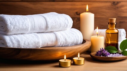 Serene spa setting with towels, candles, and essential oils for relaxation