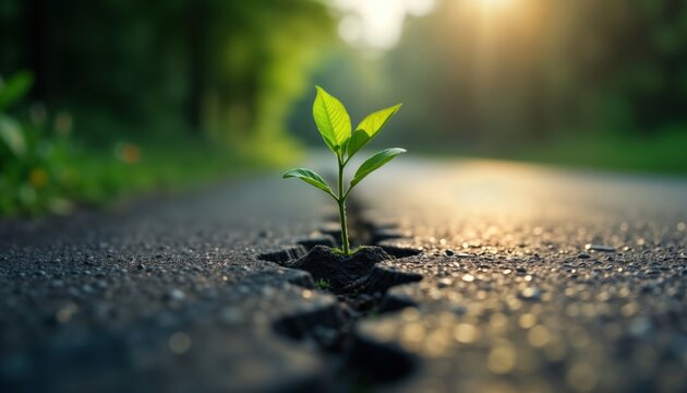 Small sapling sprouts through asphalt crack. Nature resilience breaks urban surface. New life emerges from urban environment. Hopeful image of renewal in city. Green plant defies concrete. Symbol of