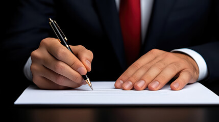 young man in suit is signing important legal documents with pen, showcasing professionalism and focus