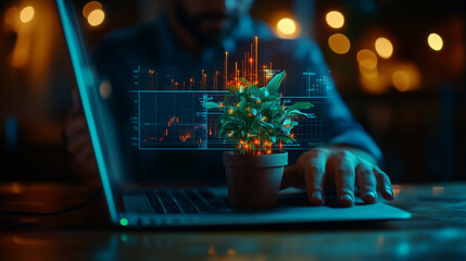 Analyzing financial data on a computer with greenery highlighting the workspace environment