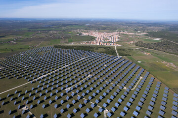 Aerial view of solar panels stretching across Alentejo,Portugal. Sustainable resource concept capturing renewable energy. Photovoltaic power generation, greem energie.