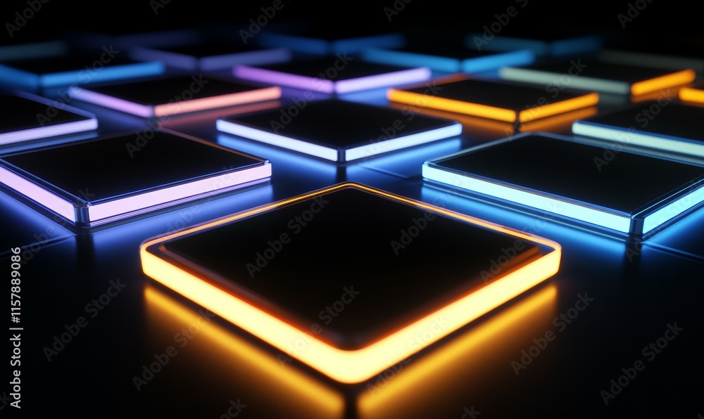 Aufkleber abstract background of square and rectangle shaped neon glowing lights reflecting on dark surface cr