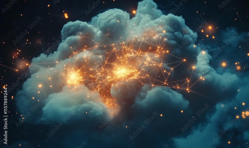 Poster an aerial view of a cloud with glowing data points and digital connections