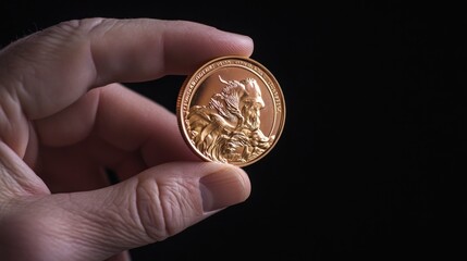 A hand holding a gold coin featuring a lion's head design against a dark background.