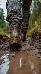Boots of a nature explorer walking through mud and water. Forest trail with puddles in front of him. Sturdy hiking shoes emphasize both comfort during exploration and high-end functional style for out