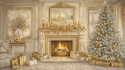 Elegant Christmas fireplace and tree in gold and cream.