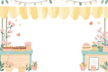 Fototapeta premium Charming spring market stalls with flowers and baked goods ideal for mockup and copy space creation. Generative AI
