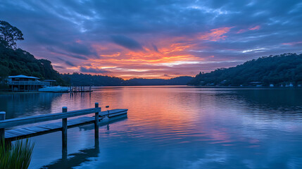 Fototapeta premium Stunning Wide Shot Photo: Vibrant Sunset Colors Reflecting on Calm Coastal Waters. AI Generated