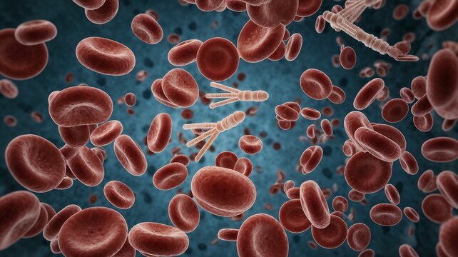 Photo of red and white blood cells in the bloodstream with antibodies representing the active immune response against a dark blue background