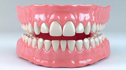 Obraz premium Realistic prosthetic denture with pink gums, emphasizing anatomical details and dental shine. Generated with AI.