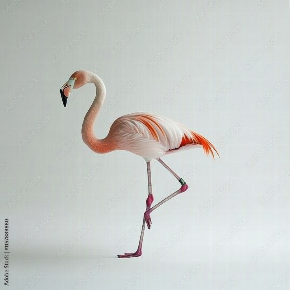 Poster Flamingo standing elegantly on one leg against a minimalist background with ample space for text and design elements. Generative AI