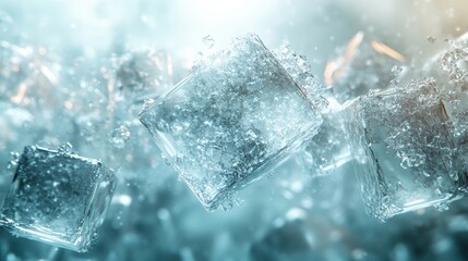 Obraz premium Floating translucent ice-like cubes in pale aqua and soft gray tones, scattered in a weightless space, evoking a futuristic and ethereal digital composition. Background