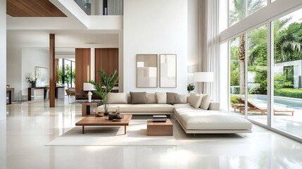 Fototapeta premium Modern Living Room Interior Design: Luxurious Wide Shot 3D Render. AI Generated