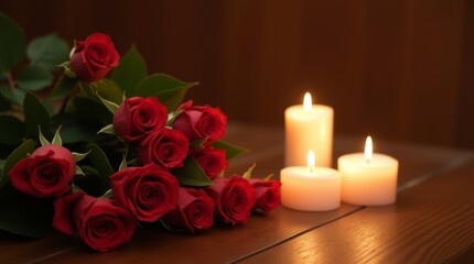 bouquet of red roses elegantly arranged next to softly glowing candles on a wooden table