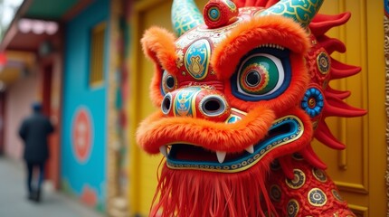 Fototapeta premium dragon head costume displayed against a colorful backdrop