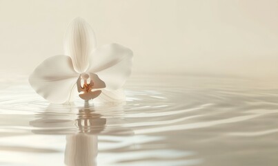 Delicate white orchid petal floating on clear water, soft ripples and reflections, with a muted beige background, minimalist nature beauty,