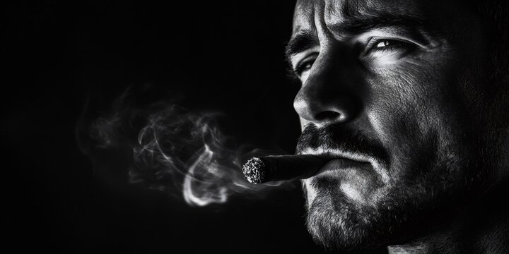 Black and white portrait of a businessman smoking a cigar, exhaling a cloud of smoke, with dramatic lighting on a black background - Powered by Adobe