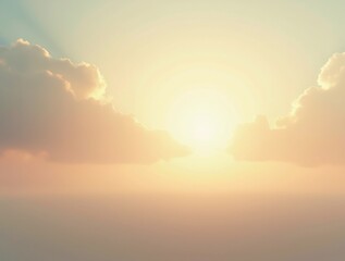 Fototapeta premium A minimalistic abstract scene of bright light piercing through the clouds above an empty plain, creating a clean and serene composition with soft warm gradients.