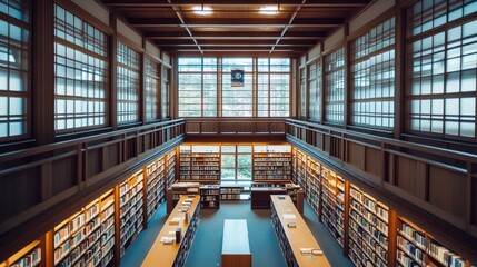 Obraz premium High-angle view of a serene library with tall bookshelves and large windows.