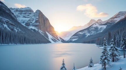 Obraz premium A peaceful winter scene with mountains, a frozen lake, and golden light from the early morning sun. The clear sky adds to the calm and awe-inspiring beauty of the landscape.