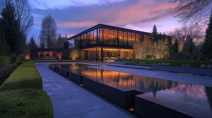 Modern house with reflecting pool at sunset.