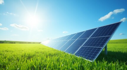 Solar Panels in Green Field Against Bright Blue Sky and Sunlight