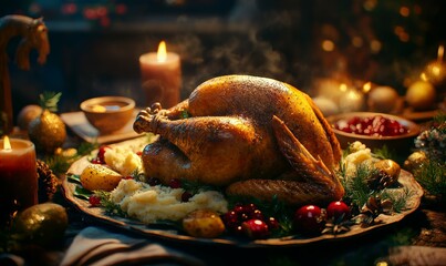 Golden roasted turkey surrounded by side dishes like mashed potatoes, cranberry sauce, and gravy, festive holiday table, warm lighting,