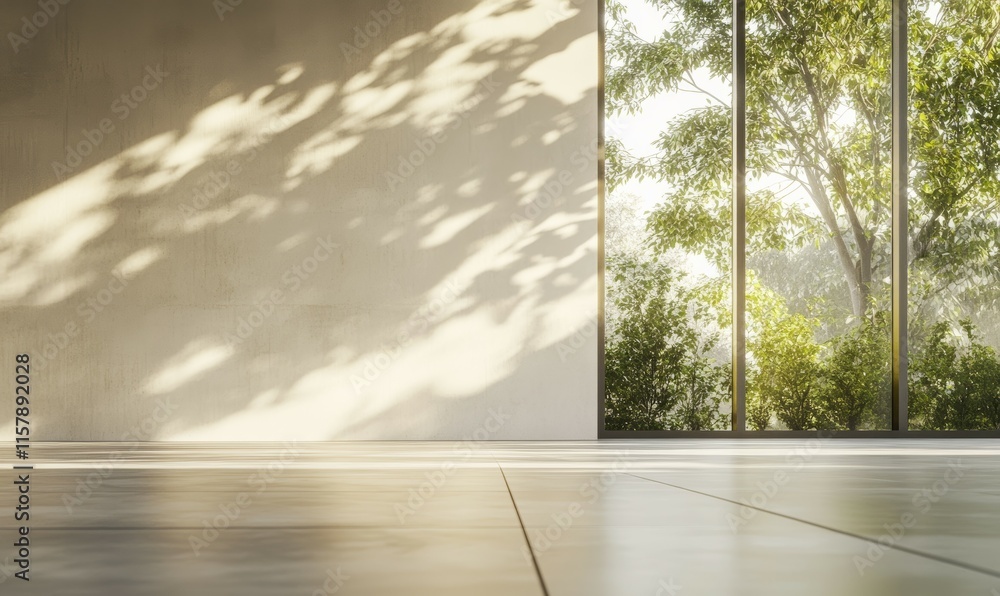 Poster 3d rendering of blank wall in office mockup with large windows and sunlight passing through