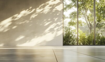 Naklejka premium 3D rendering of blank wall in office mockup with large windows and sunlight passing through