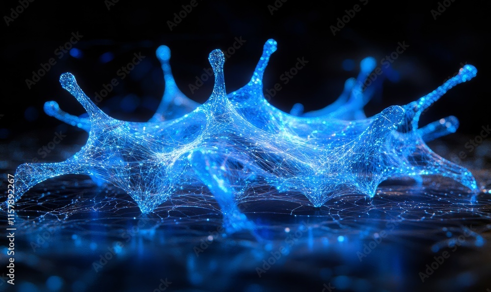 Poster a complex web of luminous blue nodes linked by delicate lines floats in a dark environment, symboliz