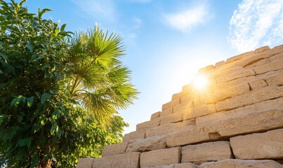 Obraz premium Sunlight shining on a pyramid structure beside a palm tree.