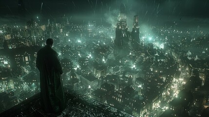 Obraz premium A dark, atmospheric cityscape illuminated by green lights, showcasing a futuristic urban environment.