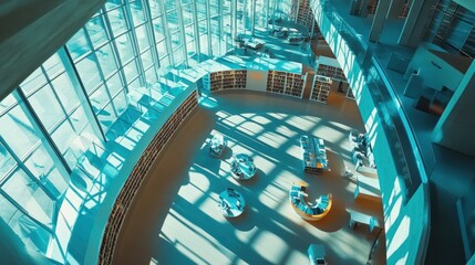 Fototapeta premium Modern library interior, sunlight through glass walls.