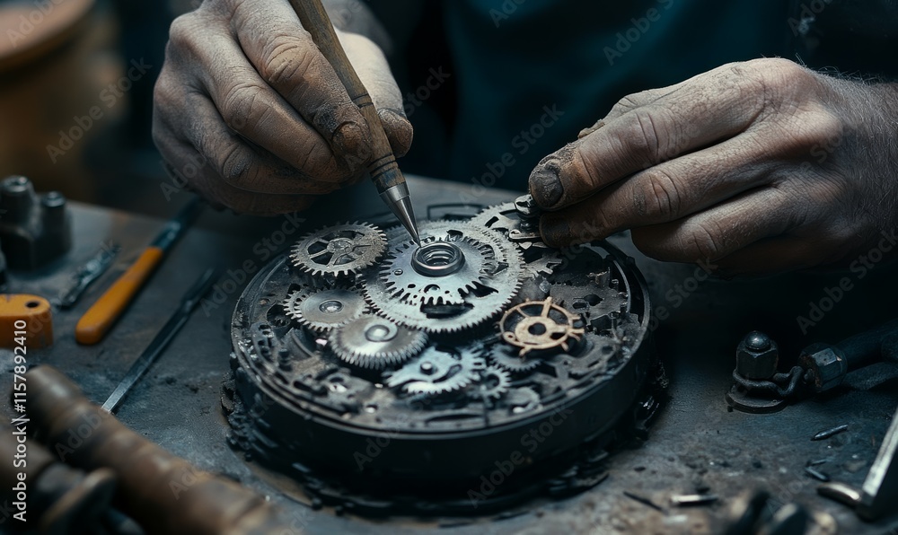 Poster intricate gears of a mechanical clock being assembled by an engineer with precision tools.