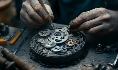 Intricate gears of a mechanical clock being assembled by an engineer with precision tools.