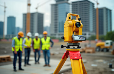 Survey engineers use theodolite on construction site. Team works with measuring instrument. Modern tech tools used for site measurements. Construction of commercial building. Engineers check accuracy