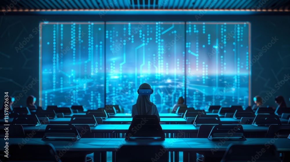 Poster a futuristic classroom with a student wearing a vr headset in front of a digital display.