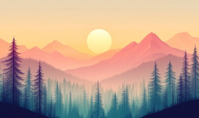 A hazy landscape with fir trees in a hipster vintage retro style