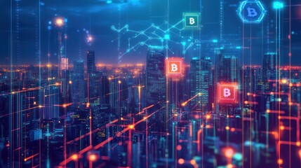 Fototapeta premium Futuristic cityscape with Bitcoin cryptocurrency network overlay.