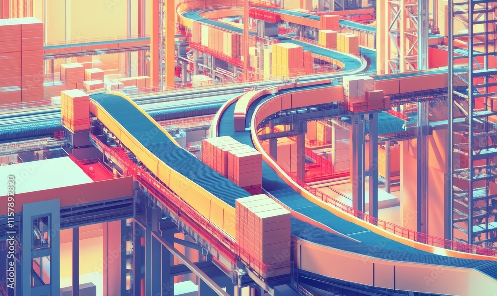 Poster a logistics hub with conveyor belts and automated sorting machines, packages moving seamlessly throu