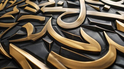 A close-up of intricate Arabic calligraphy in gold and black, showcasing artistic craftsmanship.