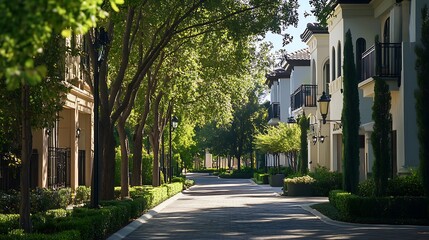 Obraz premium Wide Shot Photo: Serene, sun-drenched street, lush trees lining elegant homes, idyllic neighborhood scene.. AI Generated