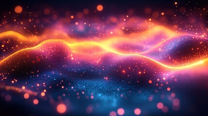 A vibrant, abstract representation of flowing waves with glowing particles and colors.