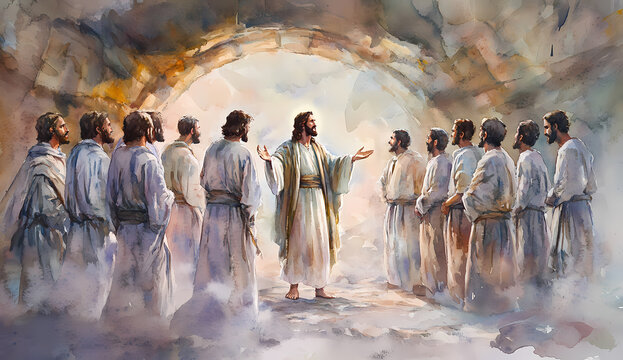 Jesus teaching in an archway surrounded by attentive listeners.