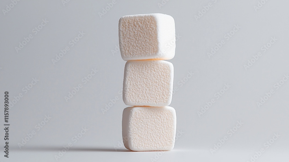 Poster three square marshmallows stacked vertically on a light gray background.